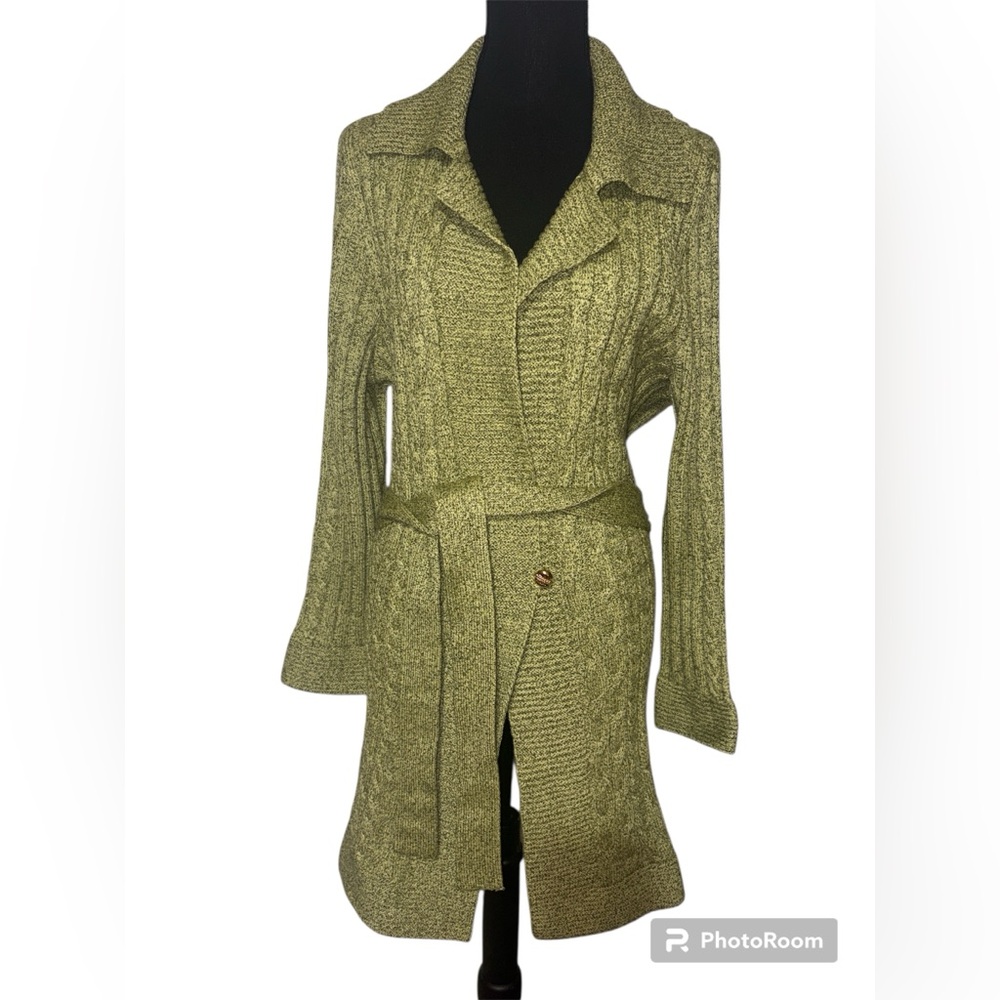 St. John Sport Marie Gray Women's Lime Cable Knit Cardigan Sweater Size LG Wool